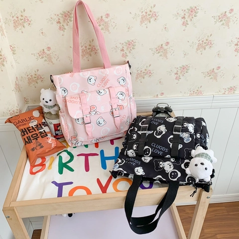 Sac Fourre-tout en Nylon Imprimé Ours de Dessin Animé Style Coréen pour Femmes Étudiants Grande Capacité Harajuku École