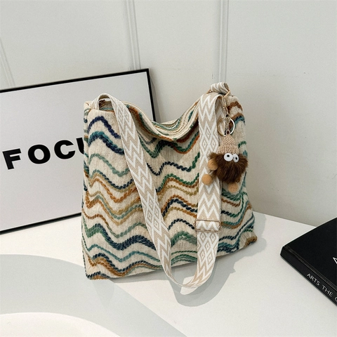 Damen Gestrickte Wellenstreifen Tote Tasche Große Kapazität Urban Baumwolle Gewebte Schultertasche Retro Pendler Handtasche