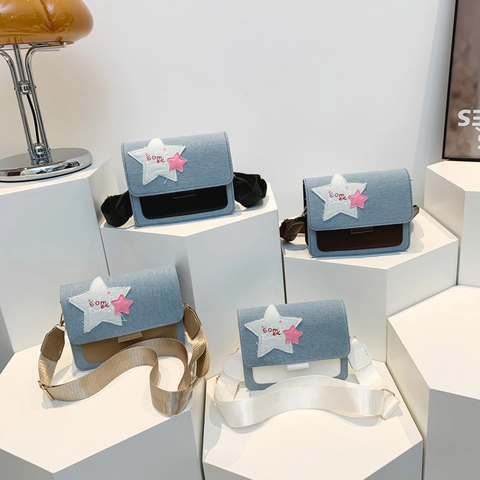 Women Fashion Denim PU Patchwork Star Crossbody Bag Retro Square Shoulder Bag With Wide Adjustable Strap Daily Casual Handbag