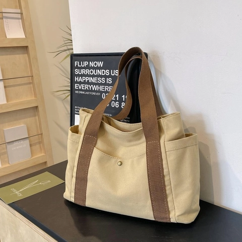 Einfache Canvas Tragetasche Große Kapazität Multi-Taschen Schultertasche Damen Pendeln Casual Schule Shopper Tasche Mit Reißverschluss