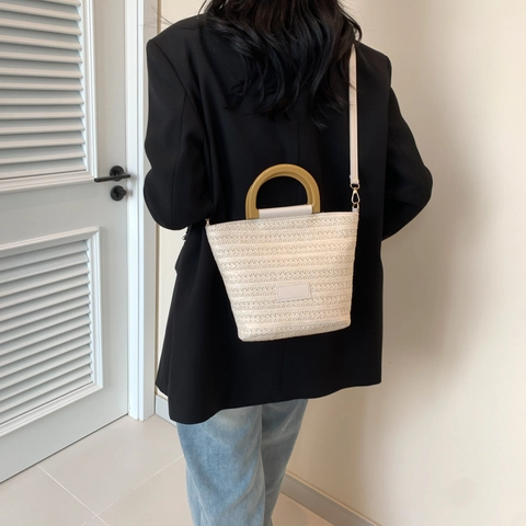 Moda Donna Borsa a Secchiello Intrecciata in Paglia Grande Capacità Manico in Legno Borsa a Mano Estate Spiaggia Spalla Tracolla Regolabile