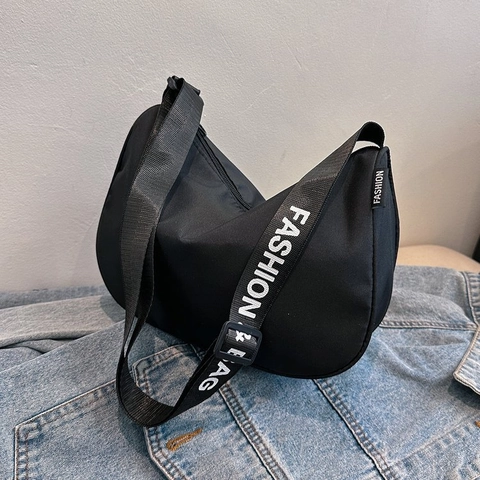 Women Minimalist Polyester Crescent Crossbody Bag With Wide Letter Print Strap Large Capacity Casual Travel Shoulder Bag