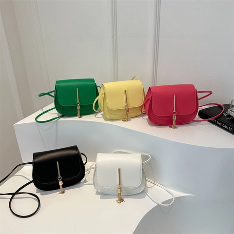Women Mini Saddle Shoulder Bag Fashion PU Leather Small Square Crossbody Bag With Metal Tassel Flap Cover Solid Color Purse