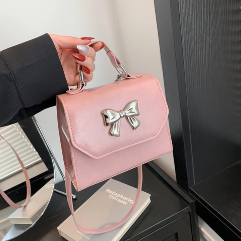 Women Fashion PU Leather Small Square Bag With Metal Bow Knot Crossbody Shoulder Bag Handbag For Daily Street Trend