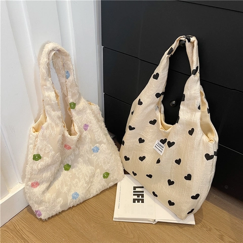 Borsa Tote da Donna in Maglia di Moda Grande Capacità Borsa a Tracolla Casual Con Stampa a Cuore e Ricamo Floreale Borsa da Shopping