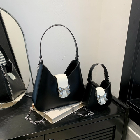 Damen Mode Schleife Satteltasche 2024 Neue Koreanische Kontrastfarbe PU Leder Achseltasche Einzelschulter Handtasche Für Den Alltag