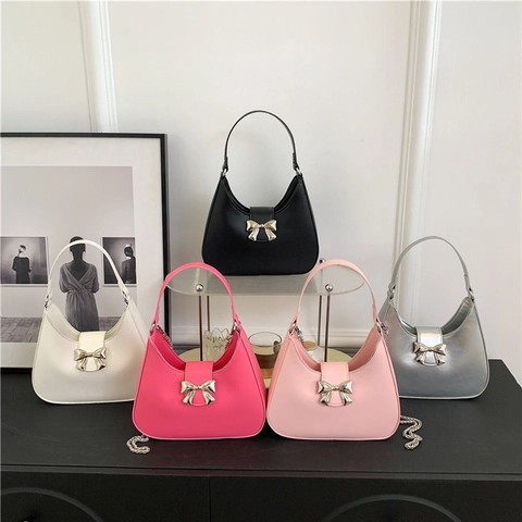 Dames Strik Hobo Schoudertas PU Leer Stijlvolle Casual Okseltas Metalen Strik Decor Ketting Crossbody Tas Okseltas