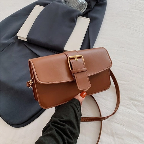 Bolso de Hombro de Cuero PU Retro para Mujer Bolso de Bandolera Cuadrado Pequeño Minimalista de Color Sólido Con Hebilla Dorada Bolso de Mensajero Casual
