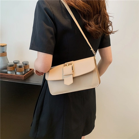 Bolso de Hombro de Cuero PU Retro para Mujer Bolso de Bandolera Cuadrado Pequeño Minimalista de Color Sólido Con Hebilla Dorada Bolso de Mensajero Casual