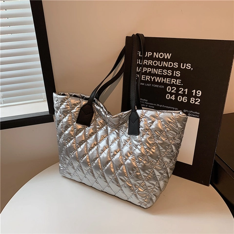 Große Kapazität Gesteppte Einkaufstasche Metallic PU Leder Rautenmuster Umhängetasche Mode Handtasche Für Damen Alltag