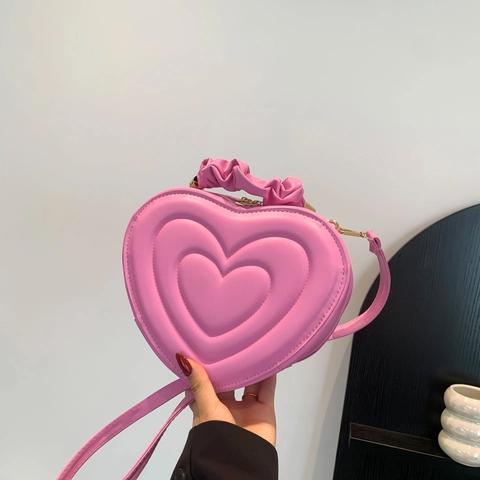 Trendy Heart Shaped Quilted PU Leather Crossbody Bag For Women With Ruched Handle Sweet Solid Color Shoulder Bag For Shopping