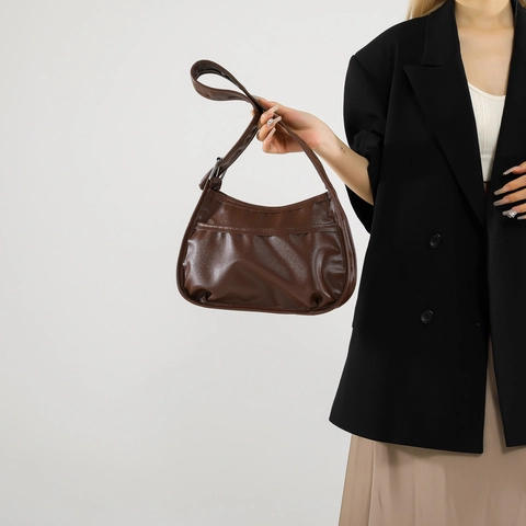 Vintage Gefaltete PU Leder Achseltasche Für Damen Minimalistische Einfarbige Halbmond Schultertasche Mode Pendler Handtasche
