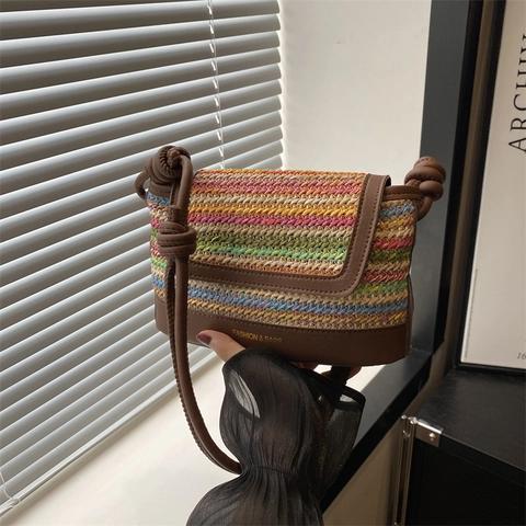 Damen Gewebte Regenbogenstreifen Schultertasche Geknoteter Riemen Sommer Strandurlaub Lässige Quadratische Crossbody Tasche