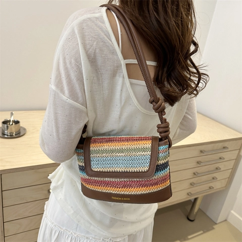 Damen Gewebte Regenbogenstreifen Schultertasche Geknoteter Riemen Sommer Strandurlaub Lässige Quadratische Crossbody Tasche