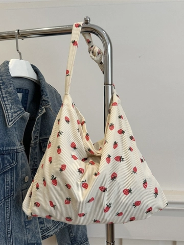 Bolso Tote de Pana con Estampado de Fresa para Mujer Gran Capacidad Casual de Algodón Bolso de Hombro Dulce para Niñas