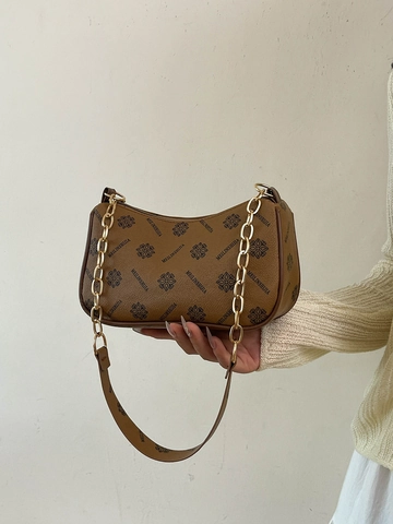 Damen Vintage Monogramm Achseltasche PU Leder Halbmond Hobo Umhängetasche Goldkette Riemen Mode Streetwear Lässige Handtasche