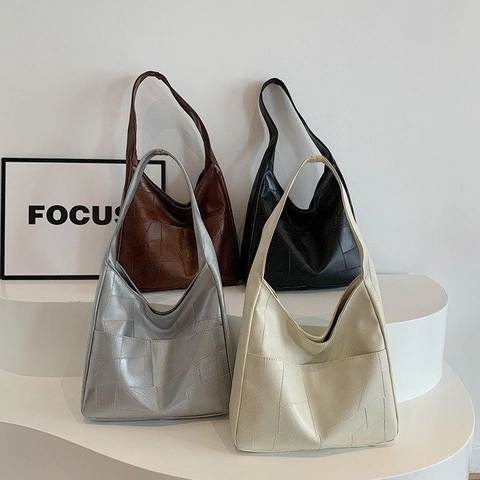Sac à Épaule en Cuir PU pour Femmes Patchwork Géométrique Cabas Hobo Grande Capacité Mode Déplacement Sac Shopping
