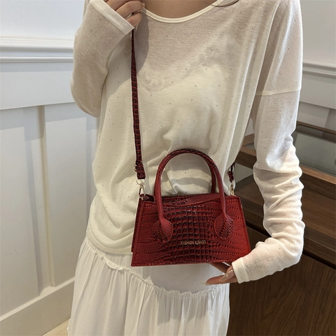 Petit Sac Carré de Mode en Cuir PU Gaufré Crocodile Sac à Bandoulière Tendance avec Poignée Supérieure pour Femme
