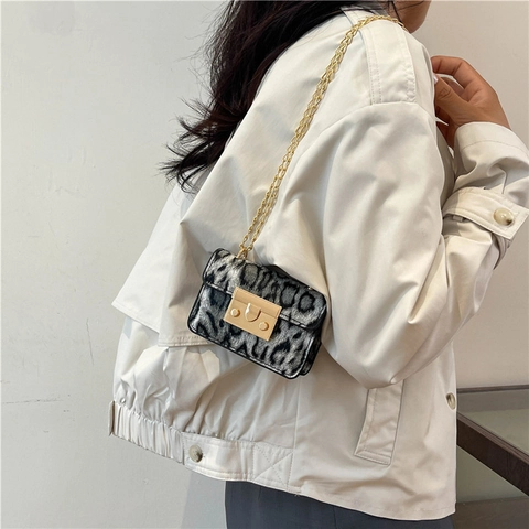 Women Fashion Leopard Print Mini Crossbody Bag PU Leather Small Square Bag With Gold Chain Strap Metal Lock Street Style