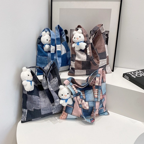 Große Kapazität Plaid Patchwork Tote Bag Für Damen Casual Verbundstoff Umhängetasche Mit Süßem Plüschkaninchen-Anhänger