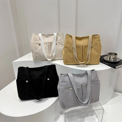 Große Kapazität Canvas Tragetasche Damen Casual Umhängetasche Multi-Taschen Student Handtasche Minimalistisch Täglich Tote