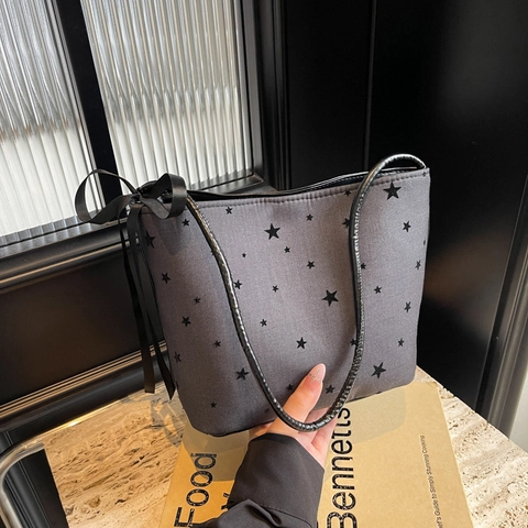 Damen Casual Leinwand Beuteltasche Schultertasche 2024 Neue Große Kapazität Unterarmtasche Mit Stern Punkt Herz Muster Schleife Dekor