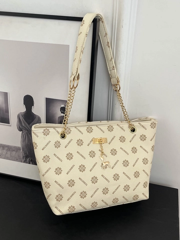 Damen Mode Monogramm-Druck Tragetasche Große Kapazität PU Leder Umhängetasche Mit Hirsch-Anhänger Metallkette Riemen Handtasche