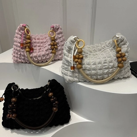 Women Popcorn Texture Underarm Bag Minimalist Canvas Shoulder Bag With Wood Bead Handle Pleated Tote Bag Fashion Daily Handbag