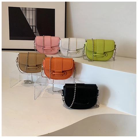 Women Fashion Pebbled PU Leather Mini Saddle Bag With Silver Ball Chain Strap Stylish Commuter Crossbody Bag Casual Small Shoulder Bag