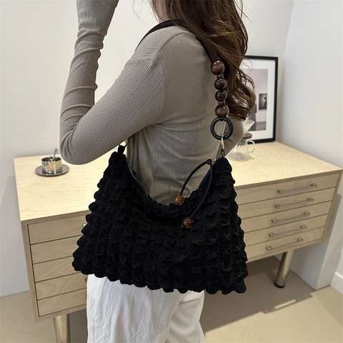 Women Popcorn Texture Underarm Bag Minimalist Canvas Shoulder Bag With Wood Bead Handle Pleated Tote Bag Fashion Daily Handbag