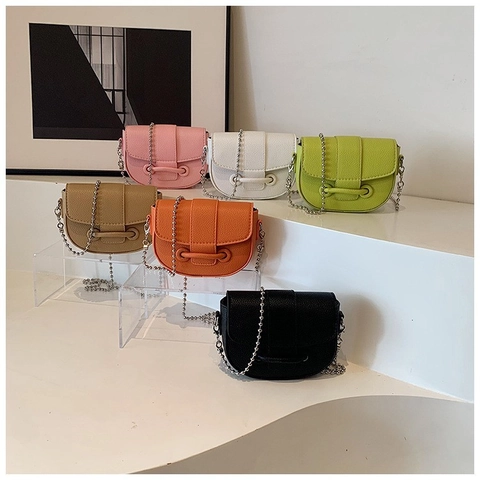 Women Fashion Pebbled PU Leather Mini Saddle Bag With Silver Ball Chain Strap Stylish Commuter Crossbody Bag Casual Small Shoulder Bag