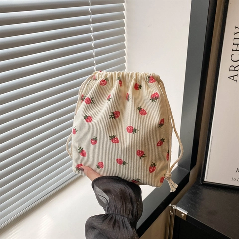 Bolso de Cubo de Lona con Estampado de Fresa Gran Capacidad Bolso de Hombro de Moda para Mujeres Estudiantes Uso Diario