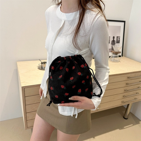 Bolso de Cubo de Lona con Estampado de Fresa Gran Capacidad Bolso de Hombro de Moda para Mujeres Estudiantes Uso Diario