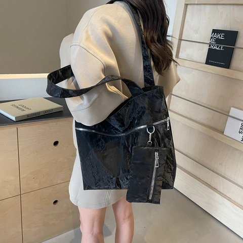 Sac Cabas Femme Grande Capacité en Cuir PU Texture Crêpée Sac à Bandoulière Avec Pochette Ensemble 2-en-1 Décontracté