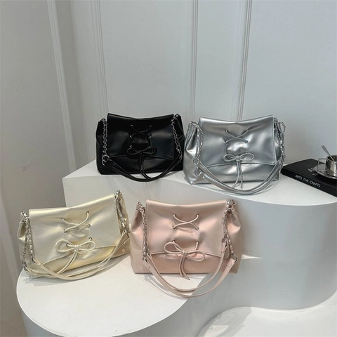 Bolso de Hombro de Cuero PU con Lazo de Moda Coreana para Mujer Color Sólido Cordones Bolso de Mensajero con Asa de Cadena