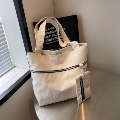 Sac Cabas Femme Grande Capacité en Cuir PU Texture Crêpée Sac à Bandoulière Avec Pochette Ensemble 2-en-1 Décontracté