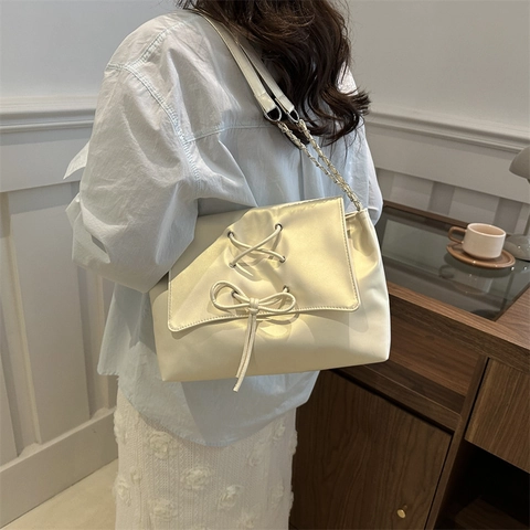 Bolso de Hombro de Cuero PU con Lazo de Moda Coreana para Mujer Color Sólido Cordones Bolso de Mensajero con Asa de Cadena