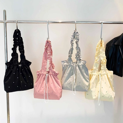 Fashion Women Ruffle Shoulder Bag PU Leather Pleated Tote Drawstring Rhinestone Decor Large Capacity Ladies Handbag