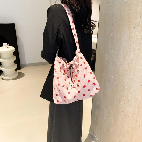 Borsa Tote da Donna Casual in Velluto a Coste con Stampa a Fragola Borsa per la Spesa in Tessuto Morbido a Secchiello