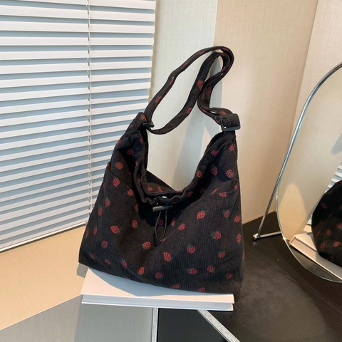 Borsa Tote da Donna Casual in Velluto a Coste con Stampa a Fragola Borsa per la Spesa in Tessuto Morbido a Secchiello