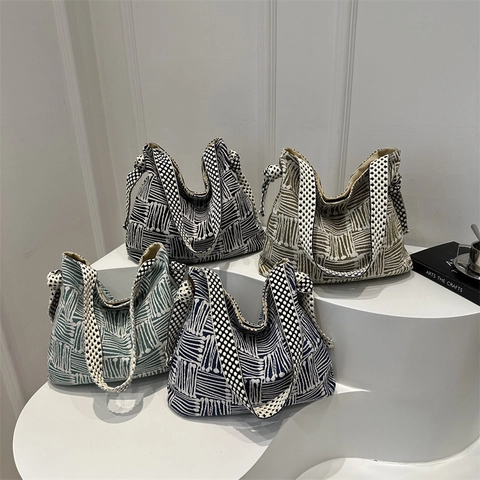 Bolso Tote de Lona para Mujer Gran Capacidad Patrón Rayas Geométricas Correa Ancha de Lunares Bolso de Hombro Casual