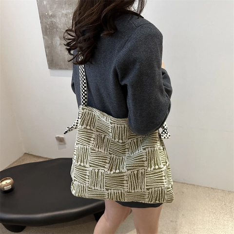 Bolso Tote de Lona para Mujer Gran Capacidad Patrón Rayas Geométricas Correa Ancha de Lunares Bolso de Hombro Casual