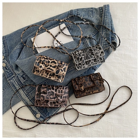 Dames Mini Luipaardprint Vierkante Tas PU Leer Crossbody Tas Magnetische Gesp Decoratieve Riemen Casual Schoudertas