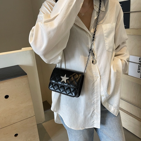 Women Quilted Chain Shoulder Bag Rhinestone Star Decor PU Leather Small Square Crossbody Bag Summer Casual Fashion Daily Satchel