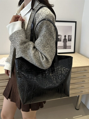 Women Large Capacity Alligator Pattern Tote Bag PU Leather Metallic Glossy Shoulder Bag Retro Urban Commuter Handbag