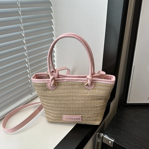 Damen Mode Gewebte Tragetasche Polyester Stroh Optik Spleißen Handtasche Umhängetasche Mit Verstellbarem Riemen Lässige Urlaubstasche