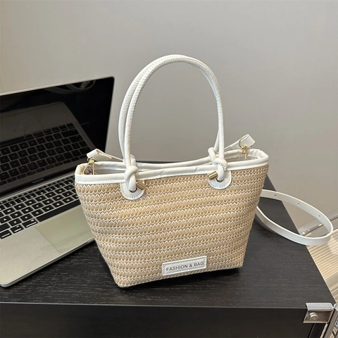 Damen Mode Gewebte Tragetasche Polyester Stroh Optik Spleißen Handtasche Umhängetasche Mit Verstellbarem Riemen Lässige Urlaubstasche
