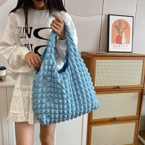 Korean Style Pleated Bubble Tote Bag For Women Large Capacity Shoulder Bag Casual Popcorn Fabric Handbag Solid Plaid Underarm Bag