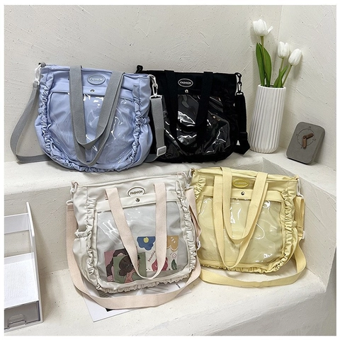 Large Capacity Women Nylon Tote Bag With Transparent PVC Pocket Ruffle Trim Shoulder Bag Ita Bag For School Student Handbag