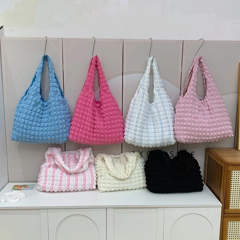 Korean Style Pleated Bubble Tote Bag For Women Large Capacity Shoulder Bag Casual Popcorn Fabric Handbag Solid Plaid Underarm Bag